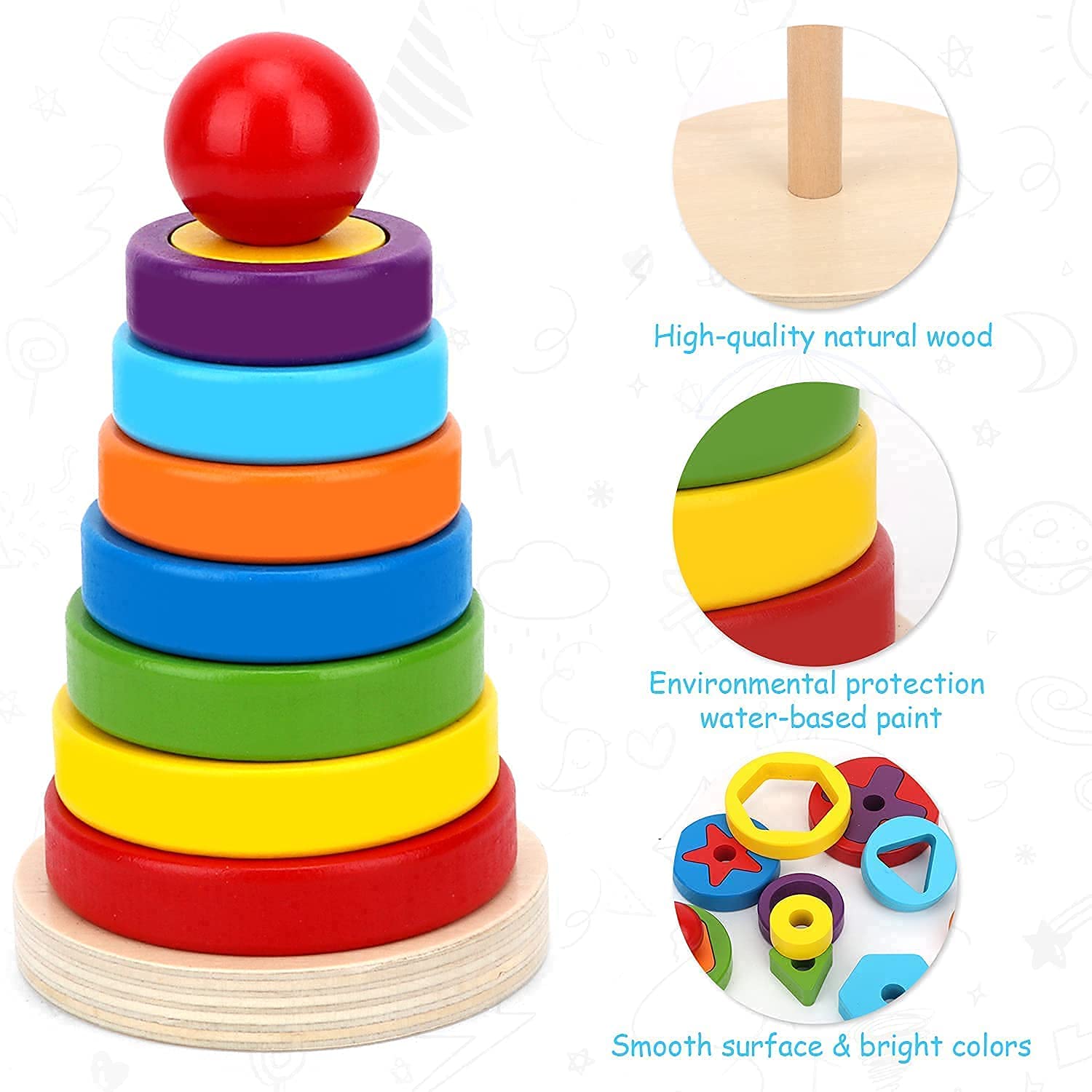 Wooden Rainbow Tower with shapes