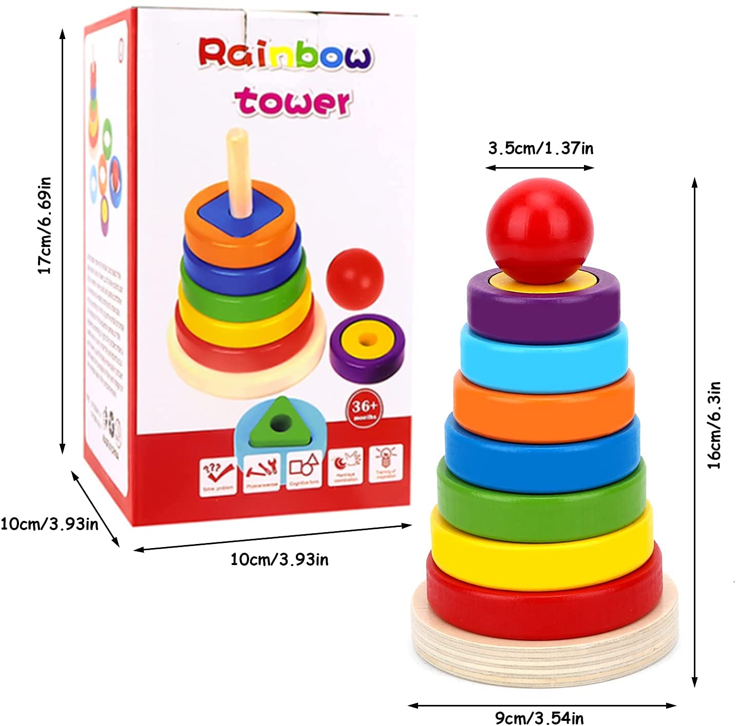 Wooden Rainbow Tower with shapes