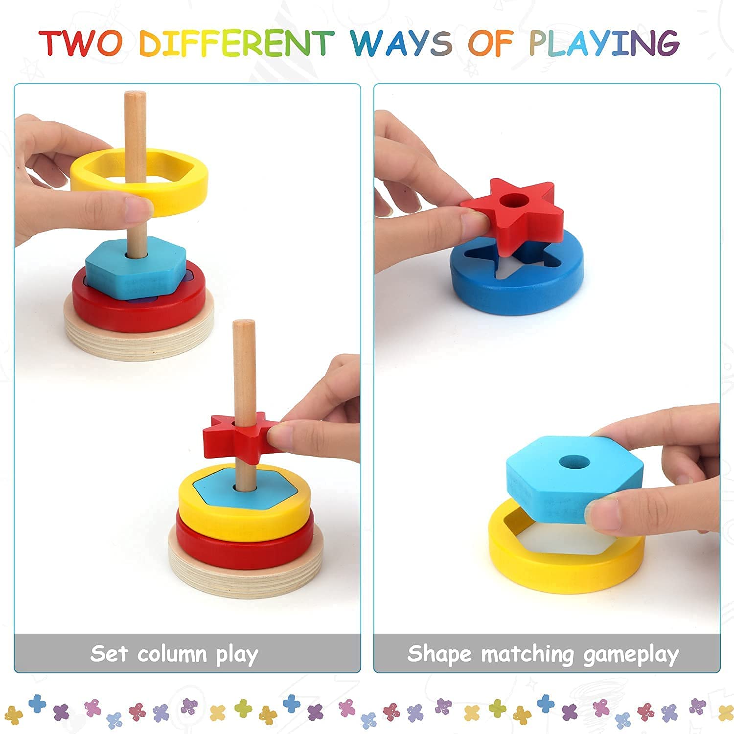 Wooden Rainbow Tower with shapes