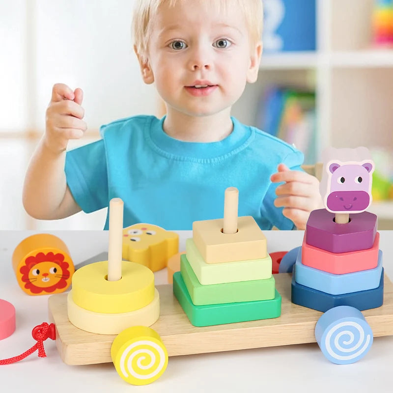 Wooden Montessori 3 in 1 stacker with wheels